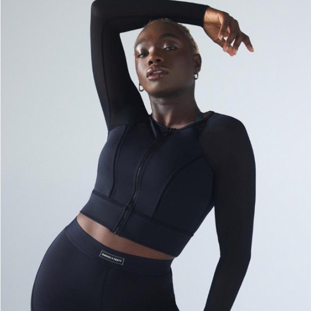 Savage X Fenty Black Zip-Up cropped workout top sheer sleeve